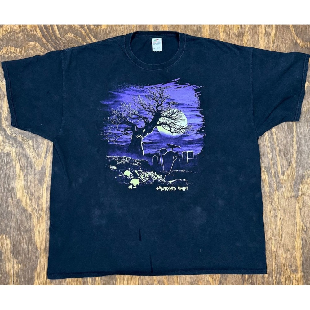 Vintage Y2K Graveyard Shift T Shirt 3XL Black Purple Full Moon Cemetery FOTL